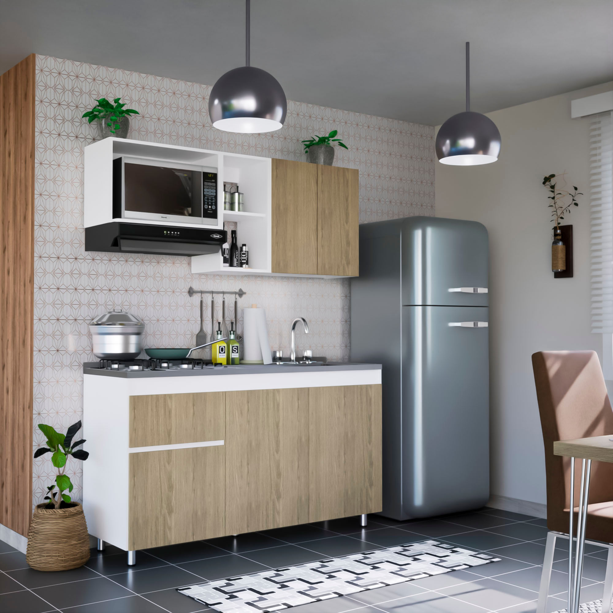 Cocina Integral Rosy 150cm NO Incluye Meson Bertolini Color Rovere y Blanco