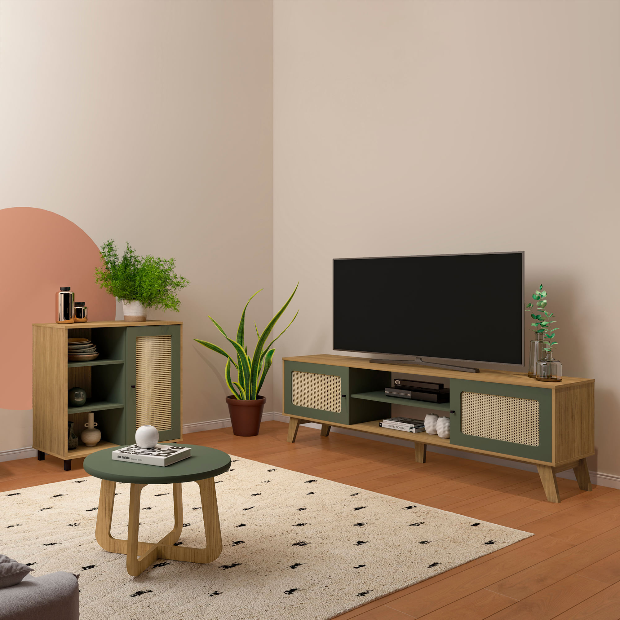 Combo Mueble TV 75" Incluye Bife Y Mesa Centro Menta y Roble