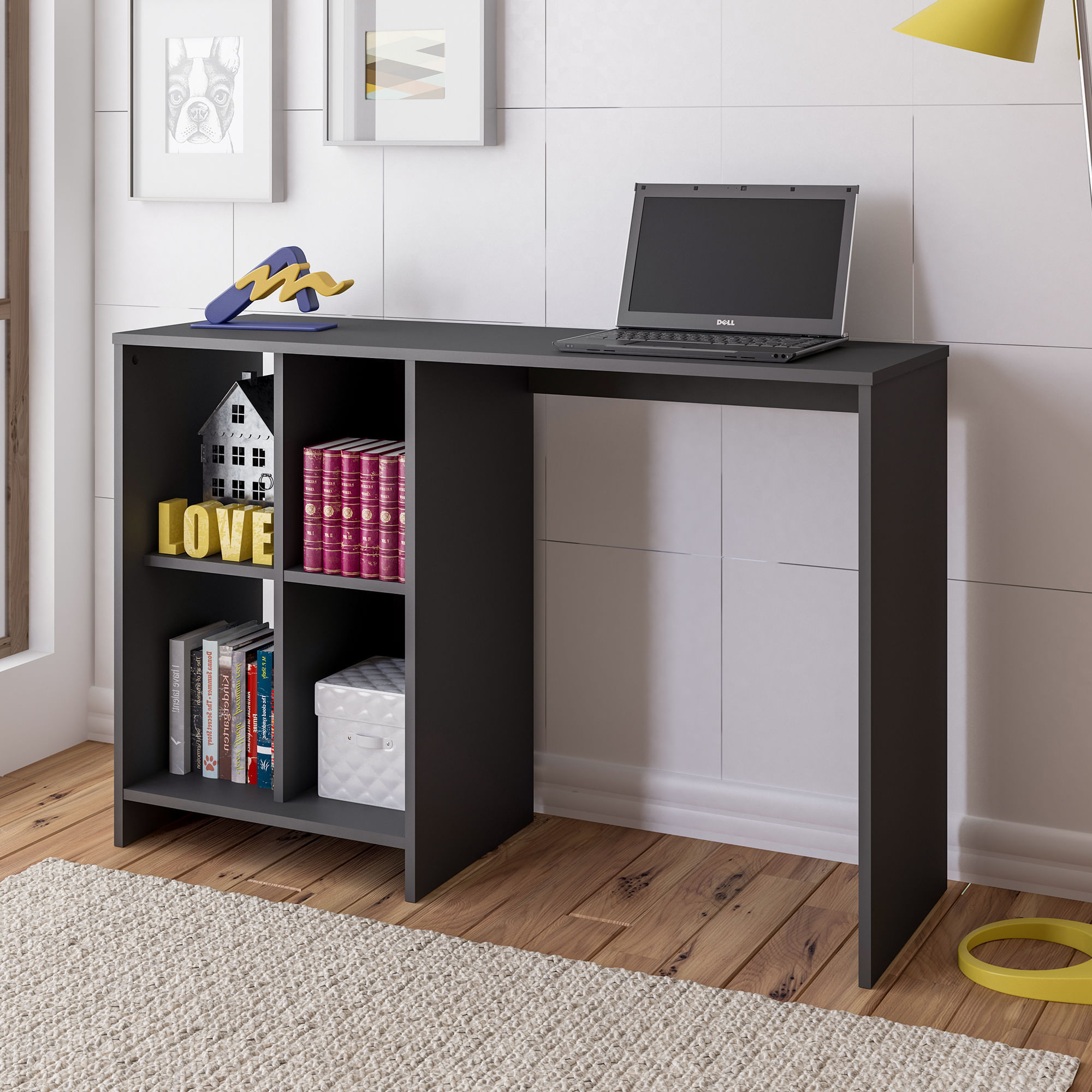 Escritorio Mesa de Computador con Biblioteca Bertolini Color Negro