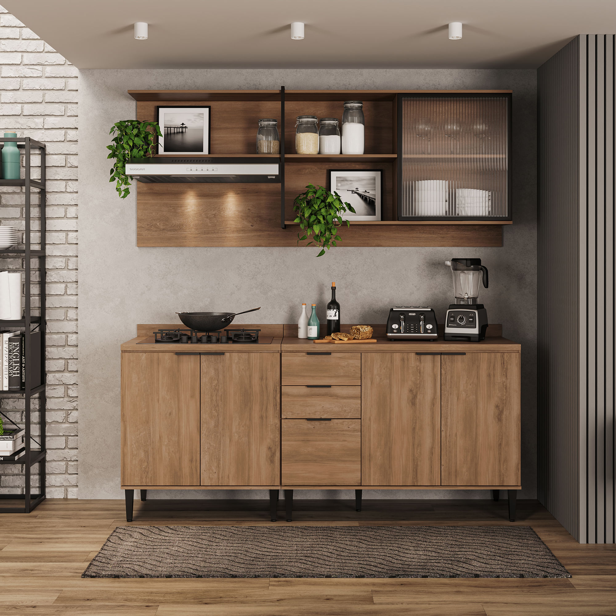 Cocina Integral en MDP 200cm con meson en MDP 6 puertas Freijo