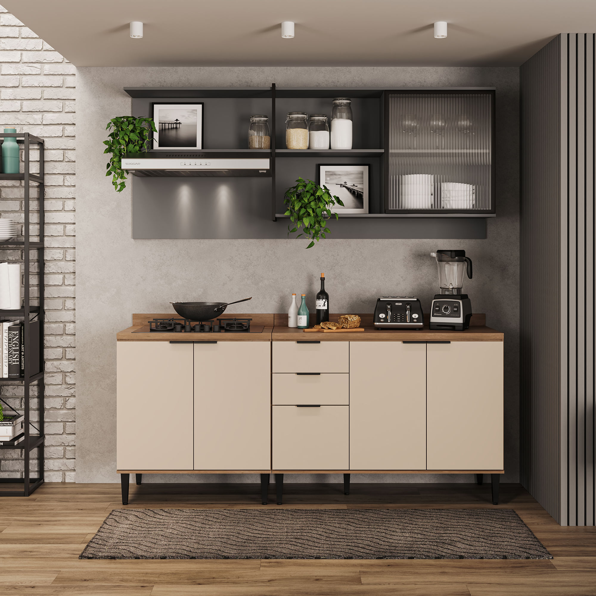 Cocina Integral en MDP 200cm con meson en MDP 6 puertas Beige con gris