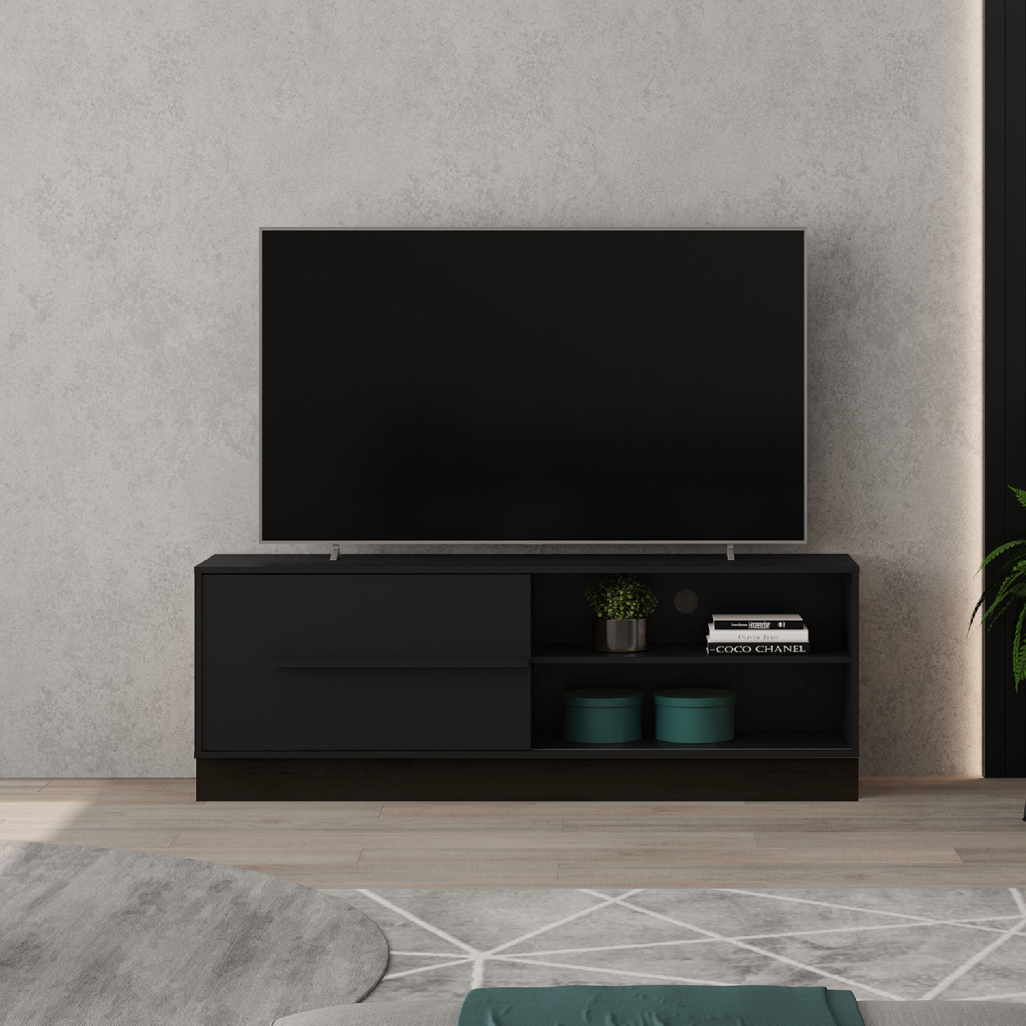Mueble para TV 60" Hawai en MDP una puerta Negro