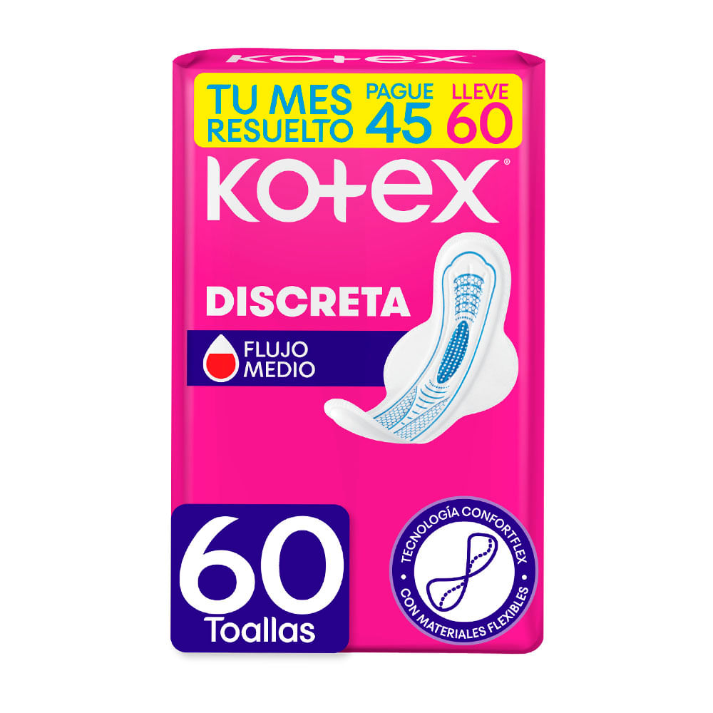 Toallas Higiénicas Femeninas Discreta Kotex 60 Unidades