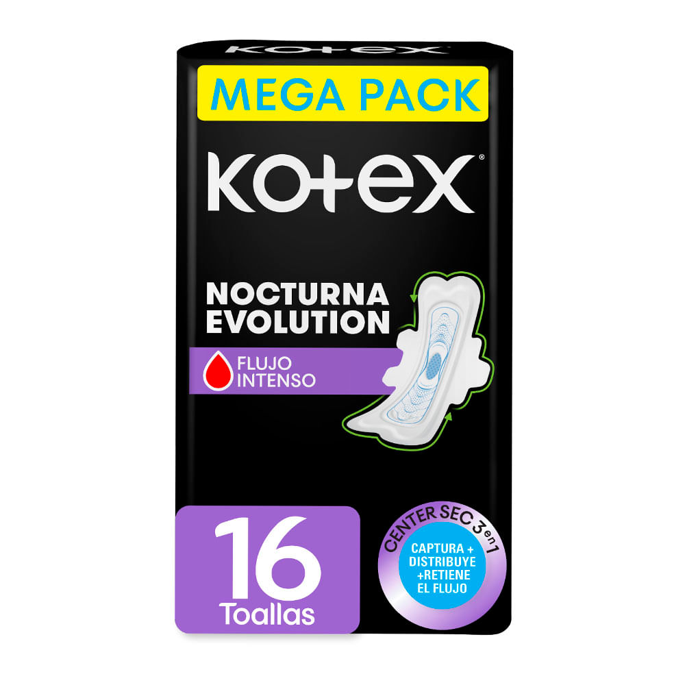 Toalla femenina Kotex evolut dual nocturna x 16unds precio especial