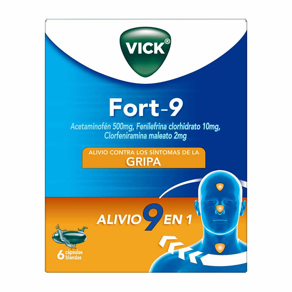 Vick Fort-9 Acetaminofen Clorfeniramina y Fenilefrina Multisintomas Gripal 6 Cápsulas