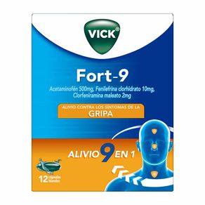 Vick Fort-9 Acetaminofen Clorfeniramina y Fenilefrina Multisintomas Gripal 12 Cápsulas