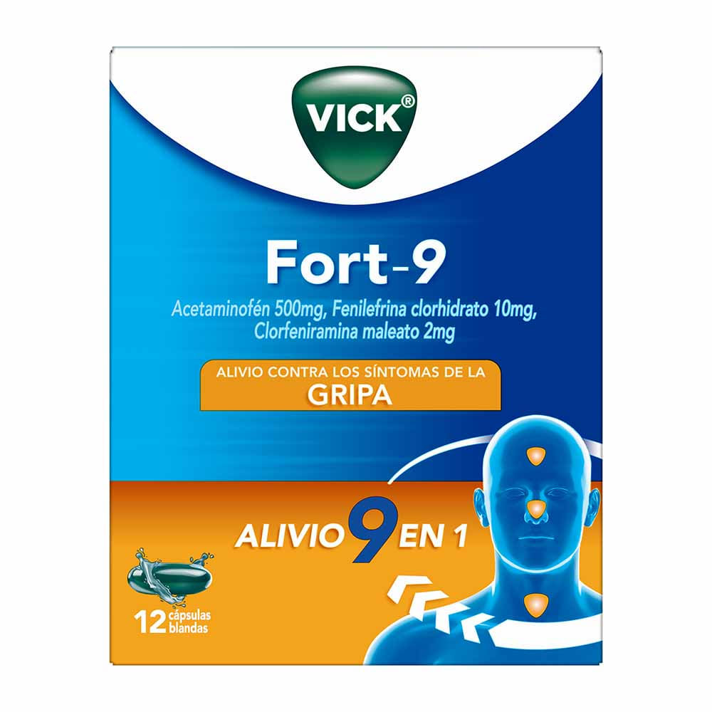 Vick Fort-9 Acetaminofen Clorfeniramina y Fenilefrina Multisintomas Gripal 12 Cápsulas