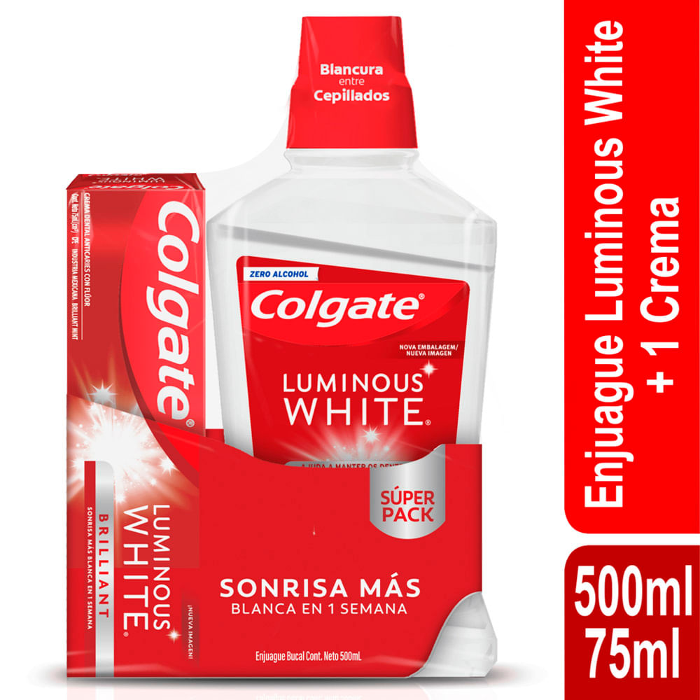 Enjuague Bucal Colgate Luminous White 500mL + Crema Dental Blanqueadora Colgate Luminous White Brilliant x75ml