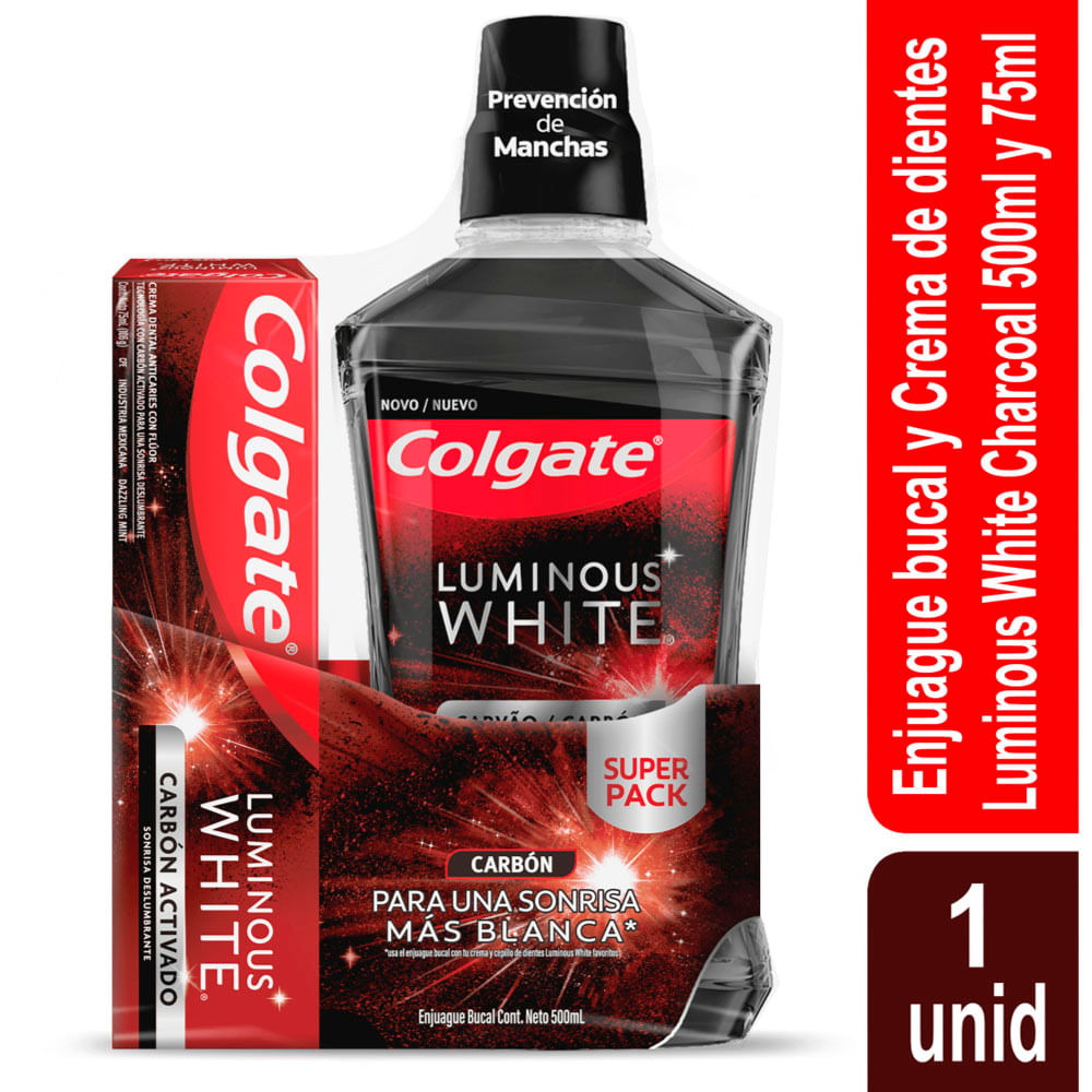 Enjuague Bucal y Crema Dental Colgate Blanqueadora Luminous Carbon 75ml