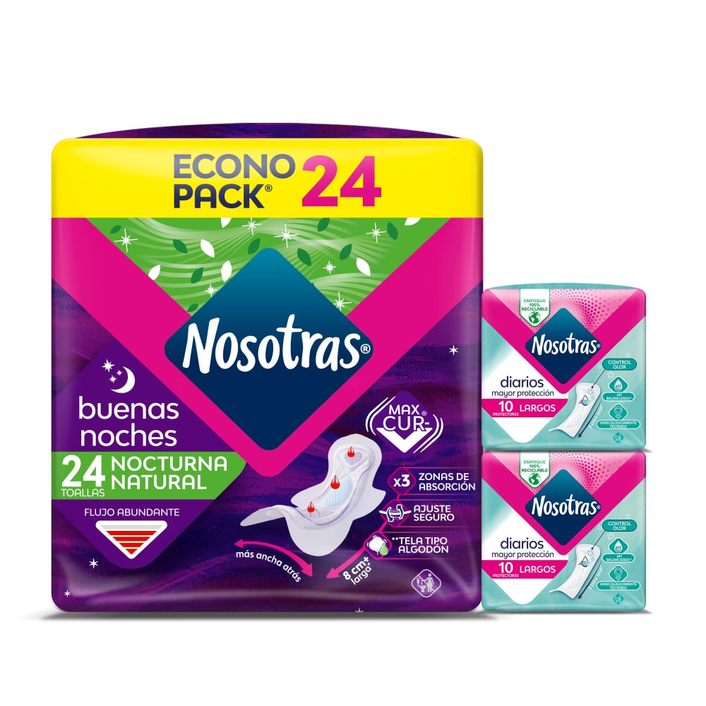 Toallas Nosotras Natural Buenas Noches 24 Und + 30 Protectores Largos