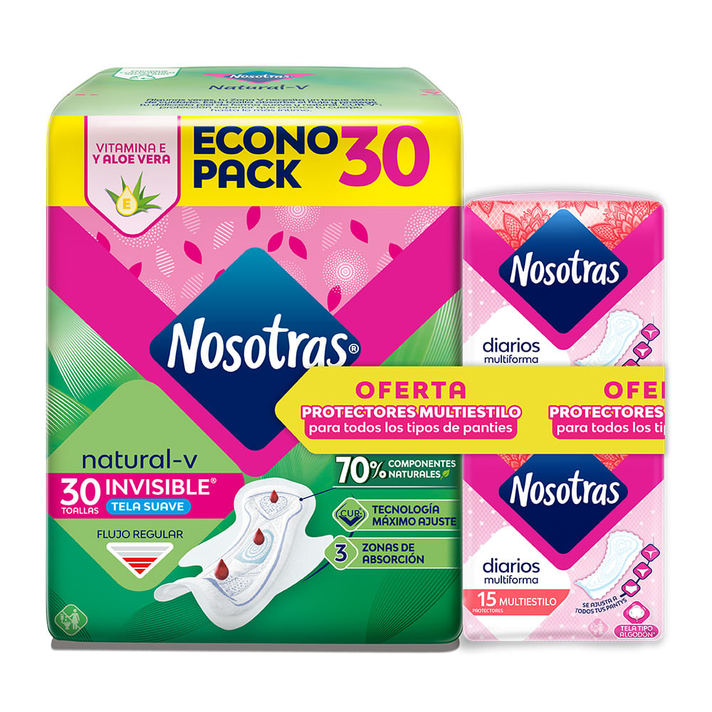 Toallas Nosotras Natural Invisible 30 Und+30 Protectores Multiestilo