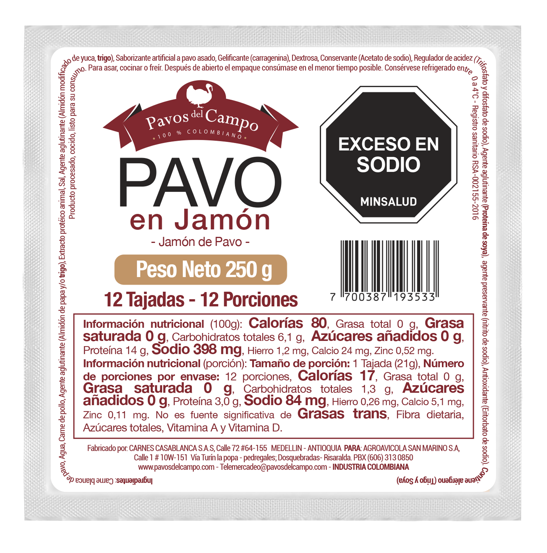 Jamón Pavos Del Campo Pavo x12 Und x250grs