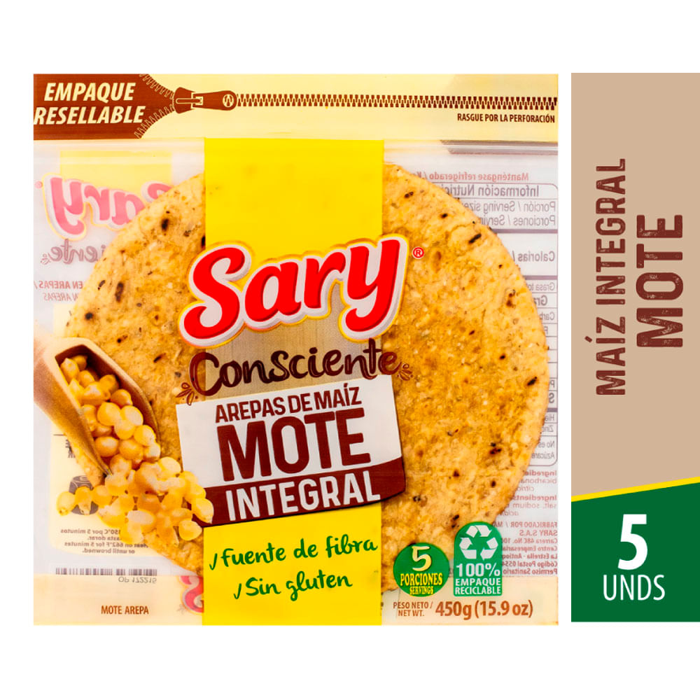 Arepas de maíz mote Sary sin gluten x5und x450g