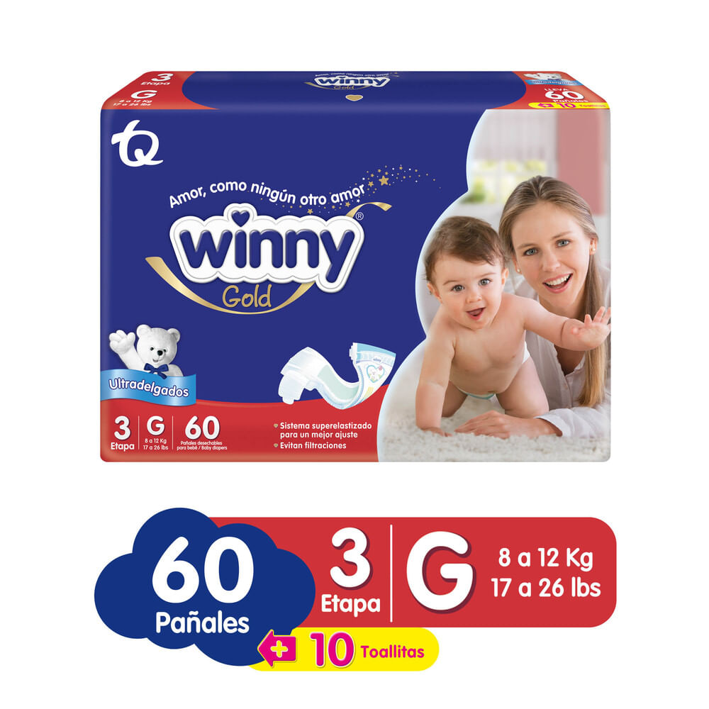 Pañales Winny Gold etapa 3 x 60 un + toallitas x 10 un