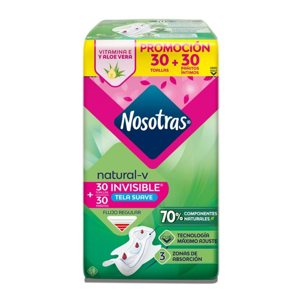 Toallas higiénicas Nosotras invisible x 30 und + Pañitos Íntimo x 30 und