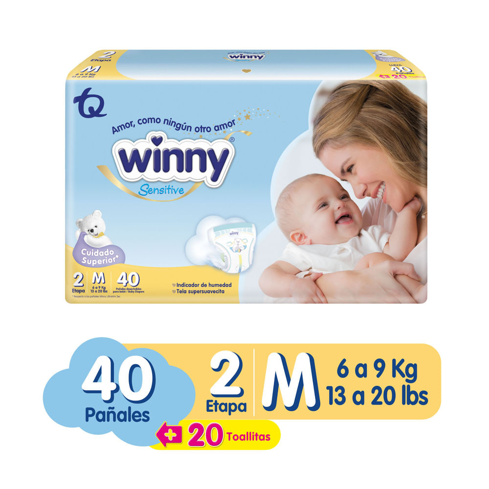 Pañales Winny sensitive etapa 2 x40und + toallas avena miel x20und
