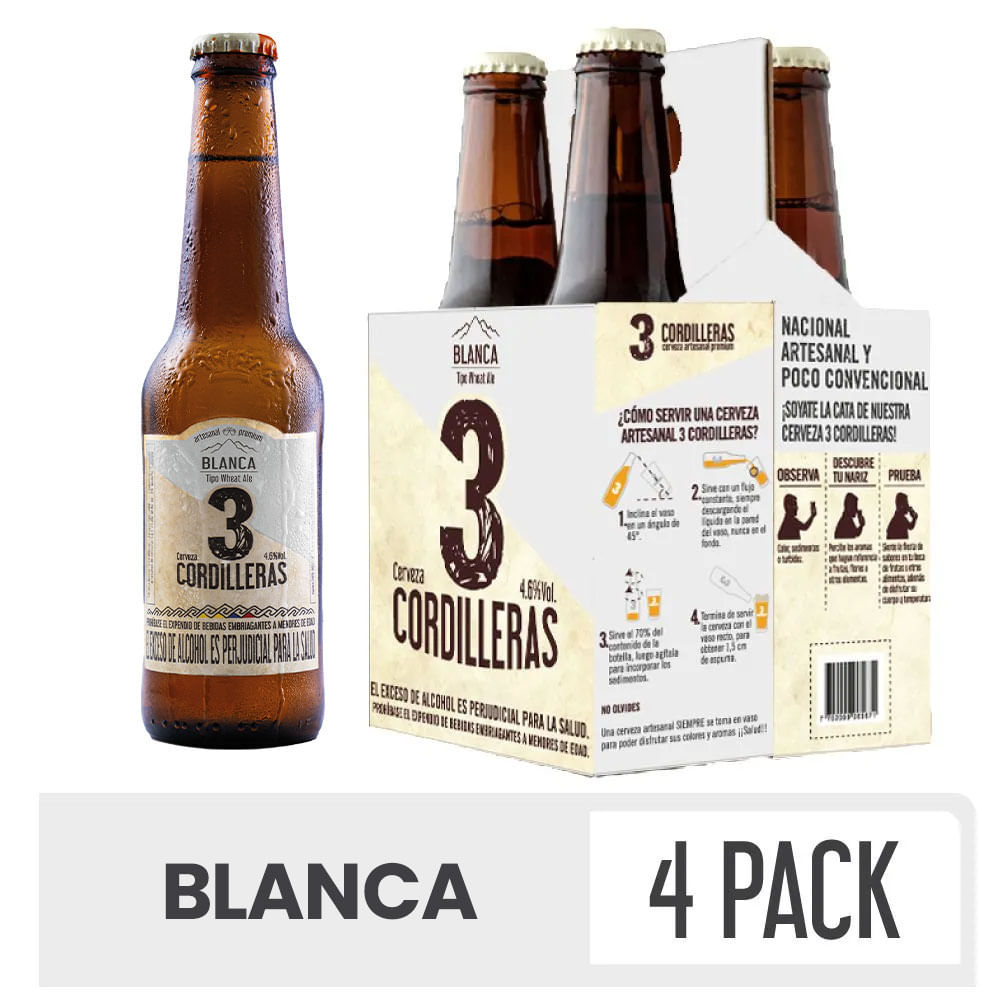 Cerveza 3 Cordilleras Blanca Bot x4Und x300ml