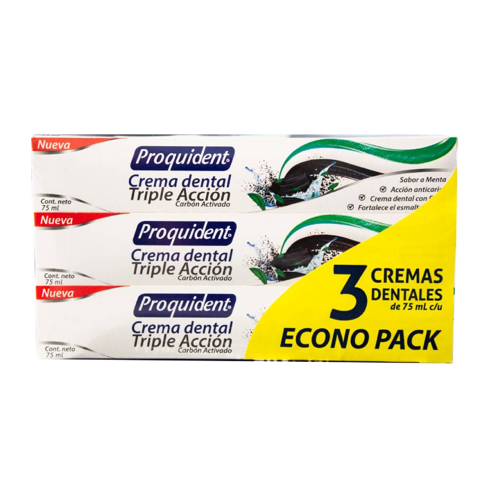 Crema Dental Proquident Triple Acción Carbón Activado x3 x75ml