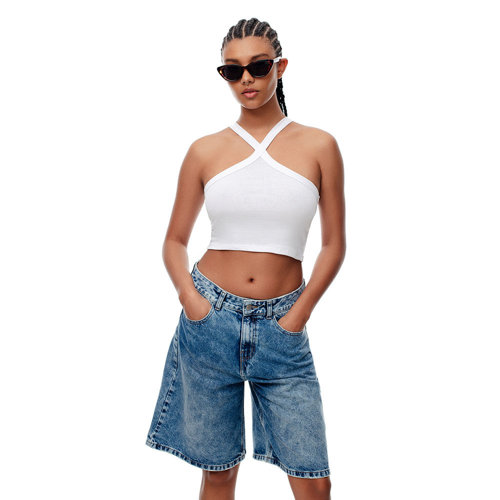 Camiseta de Amarrar en El Cuello en Algodón Femenino Lechi Crop Top Gef