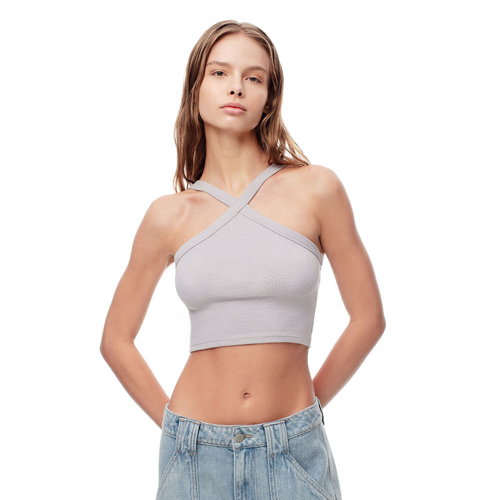 Camiseta de Amarrar en El Cuello en Algodón Femenino Lechi Crop Top Gef
