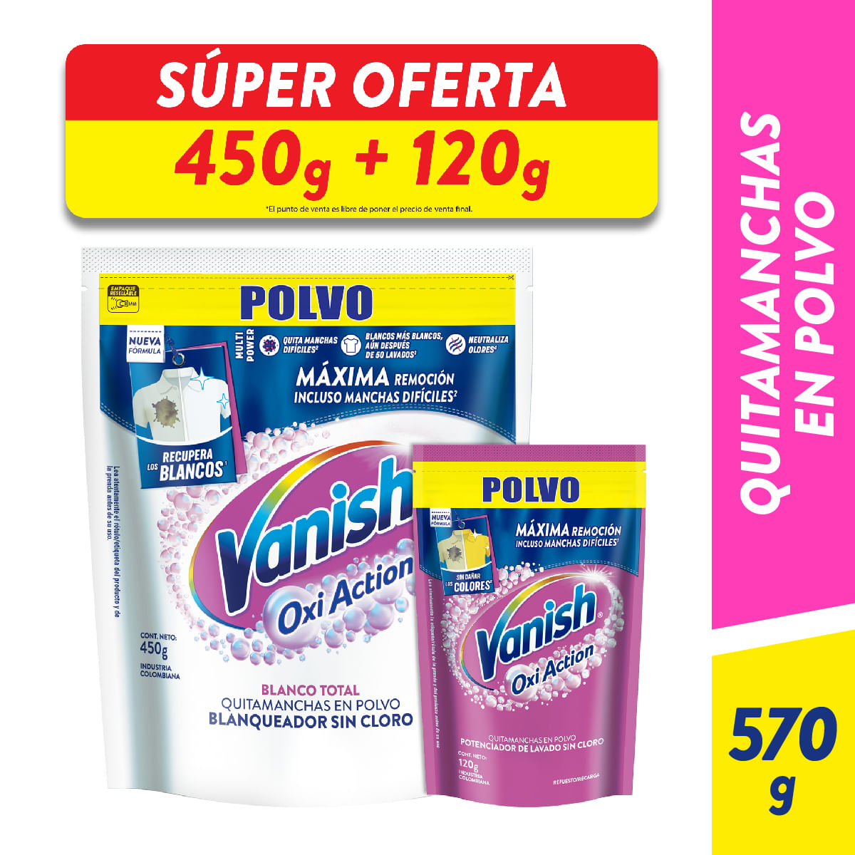 Quitamanchas Vanish Polvo Blanco 450 grs + Rosa 120 grs