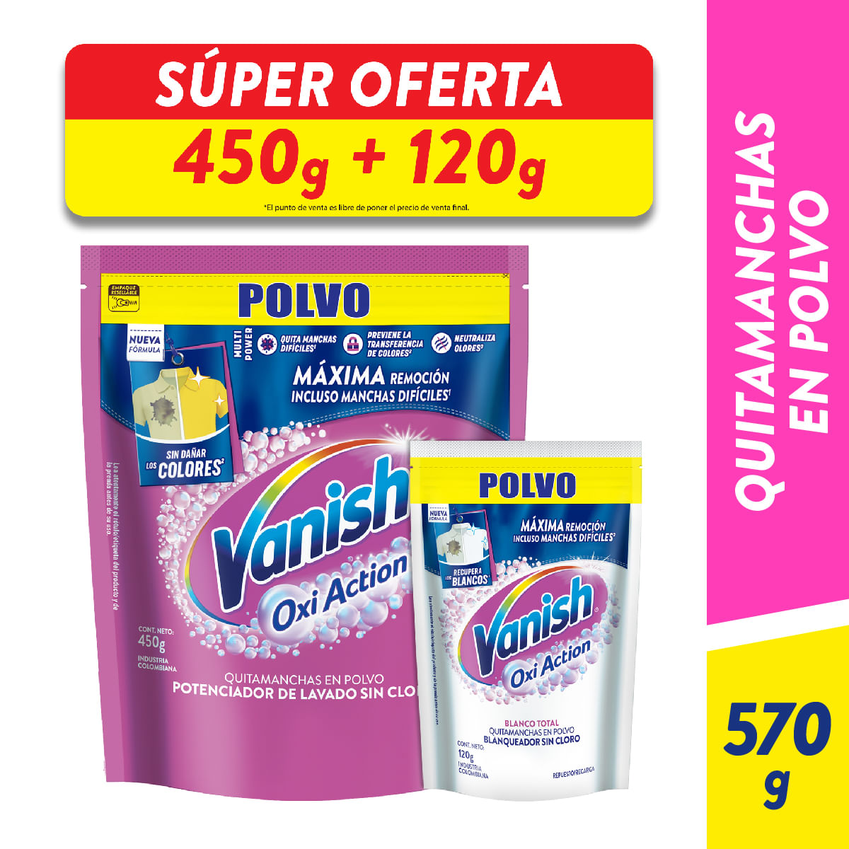 Quitamanchas Vanish Polvo Rosa 450 grs + Blanco 120 grs