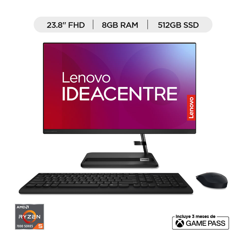 Computador de escritorio AIO LENOVO IdeaCentre 3 24ALC6 - AMD Ryzen™ 5 7430U - 8 GB RAM - 512GB SSD - Negro - 23,8" FHD