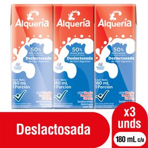 Leche Deslactosada Alquería 50% Menos Grasa x3 Und x180 ml