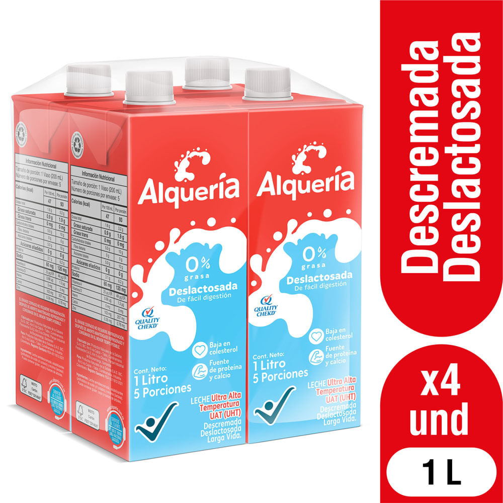 Leche Deslactosada Descremada 0% grasa Alqueria Tetrapack 1L x4unds