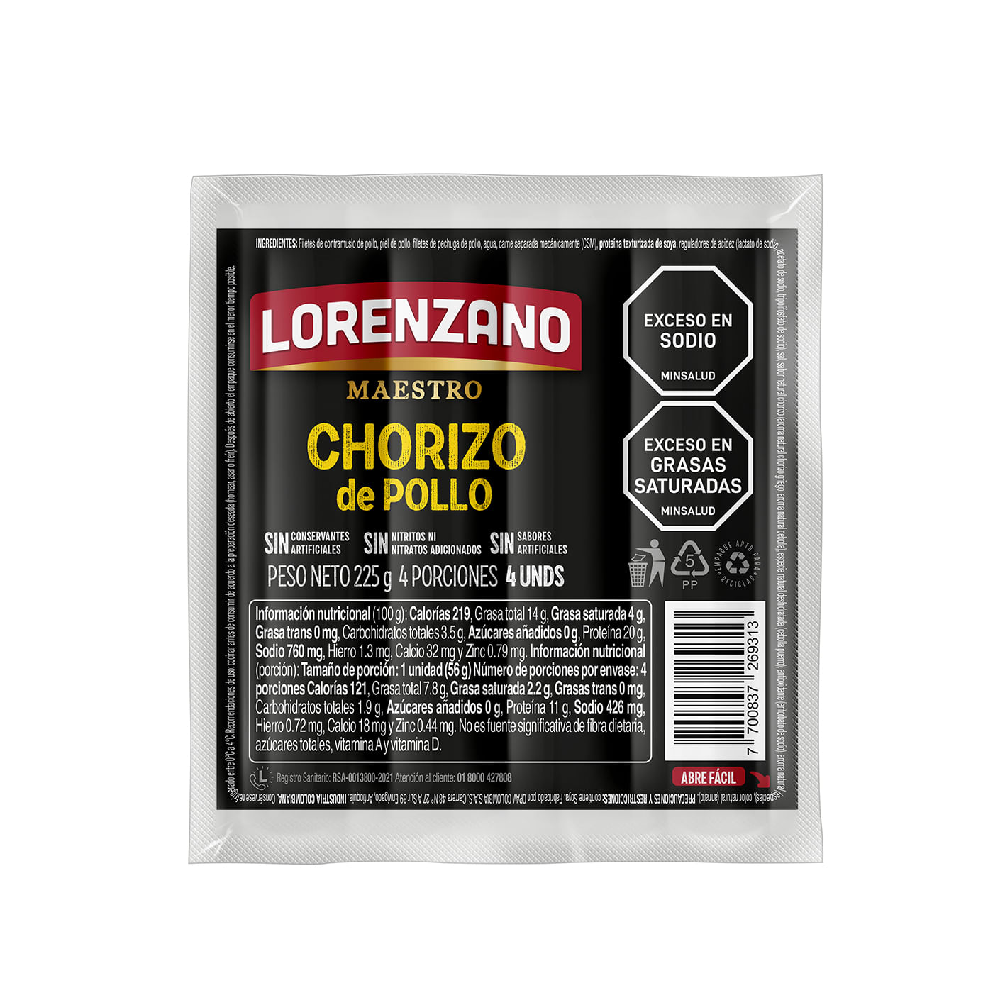 Chorizo Lorenzano Pollo Maestro 4Unidades 225g