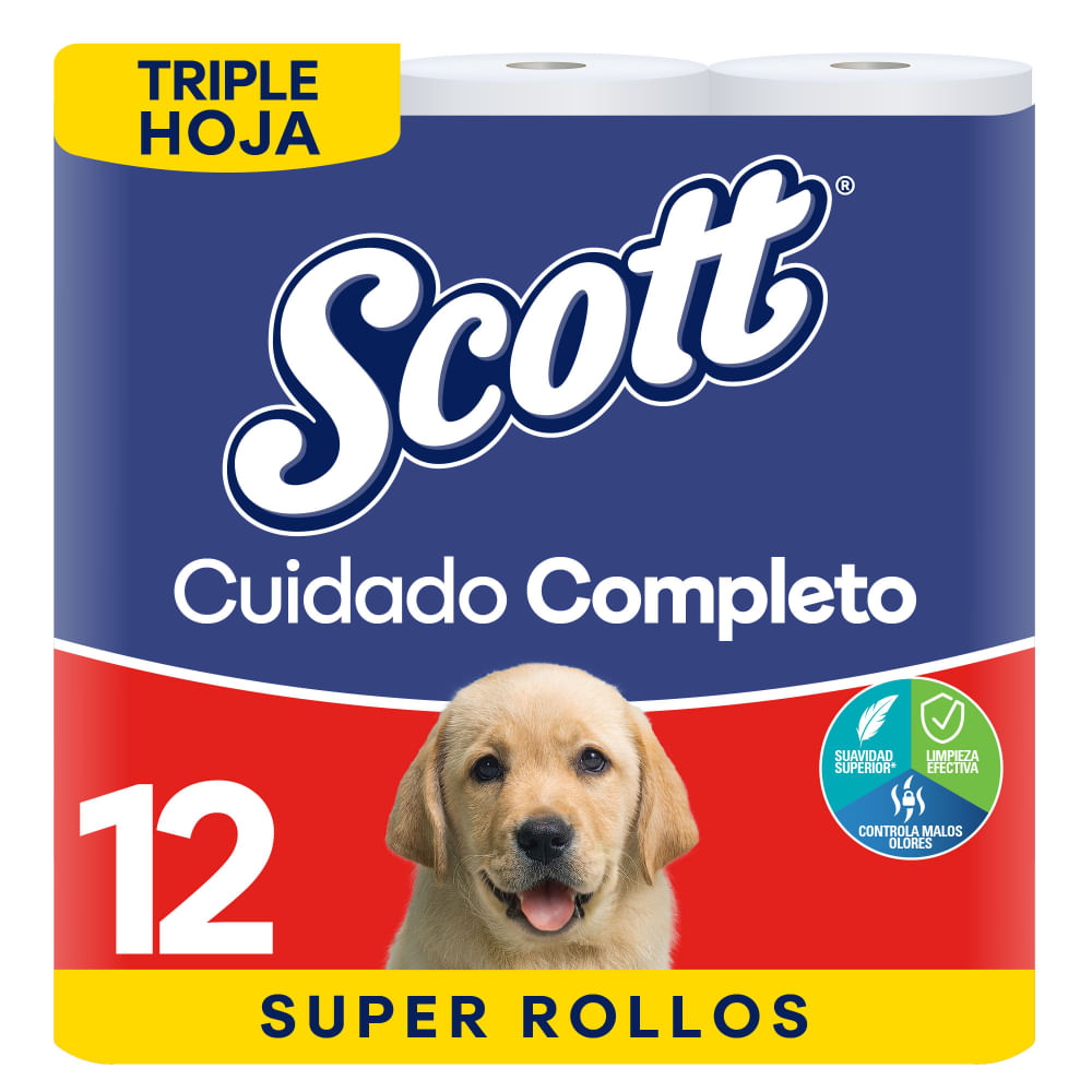 Papel Higiénico Scott Cuidado Completo Triple Hoja 30 metros - 12 rollos