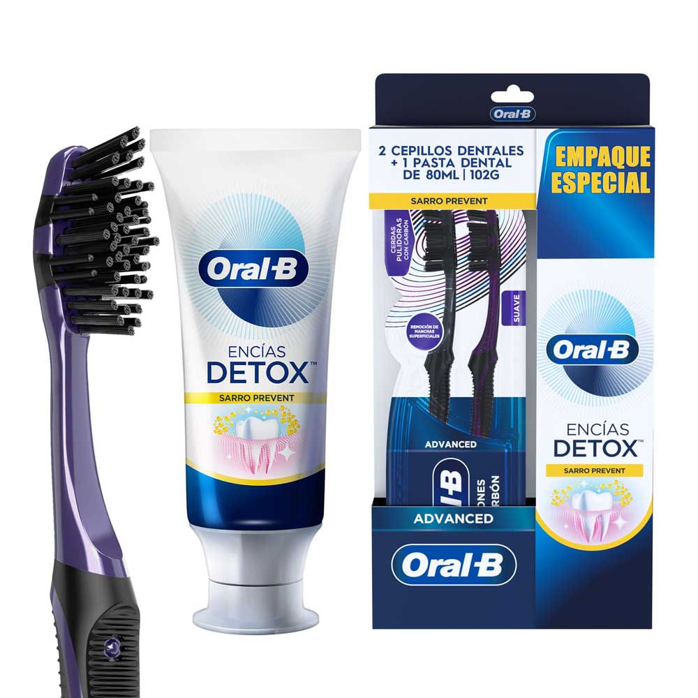 Crema de Dientes Oral-B Detox Antitartaro 80 ml + Cepillo de Dientes Charcoal Pack 5 Und