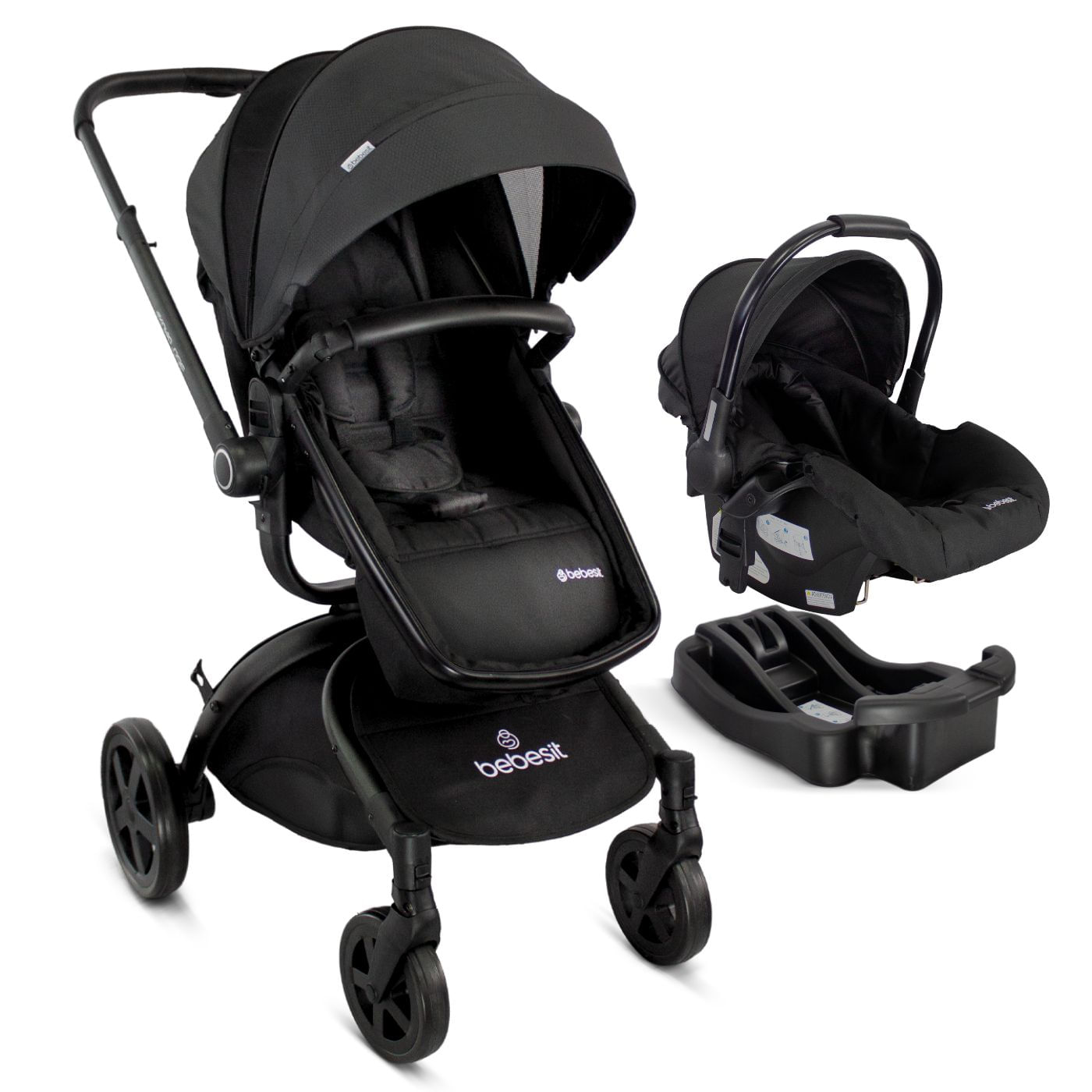 Coche Para Bebé Travel System Con Portabebés Y Base 360 Grados Negro