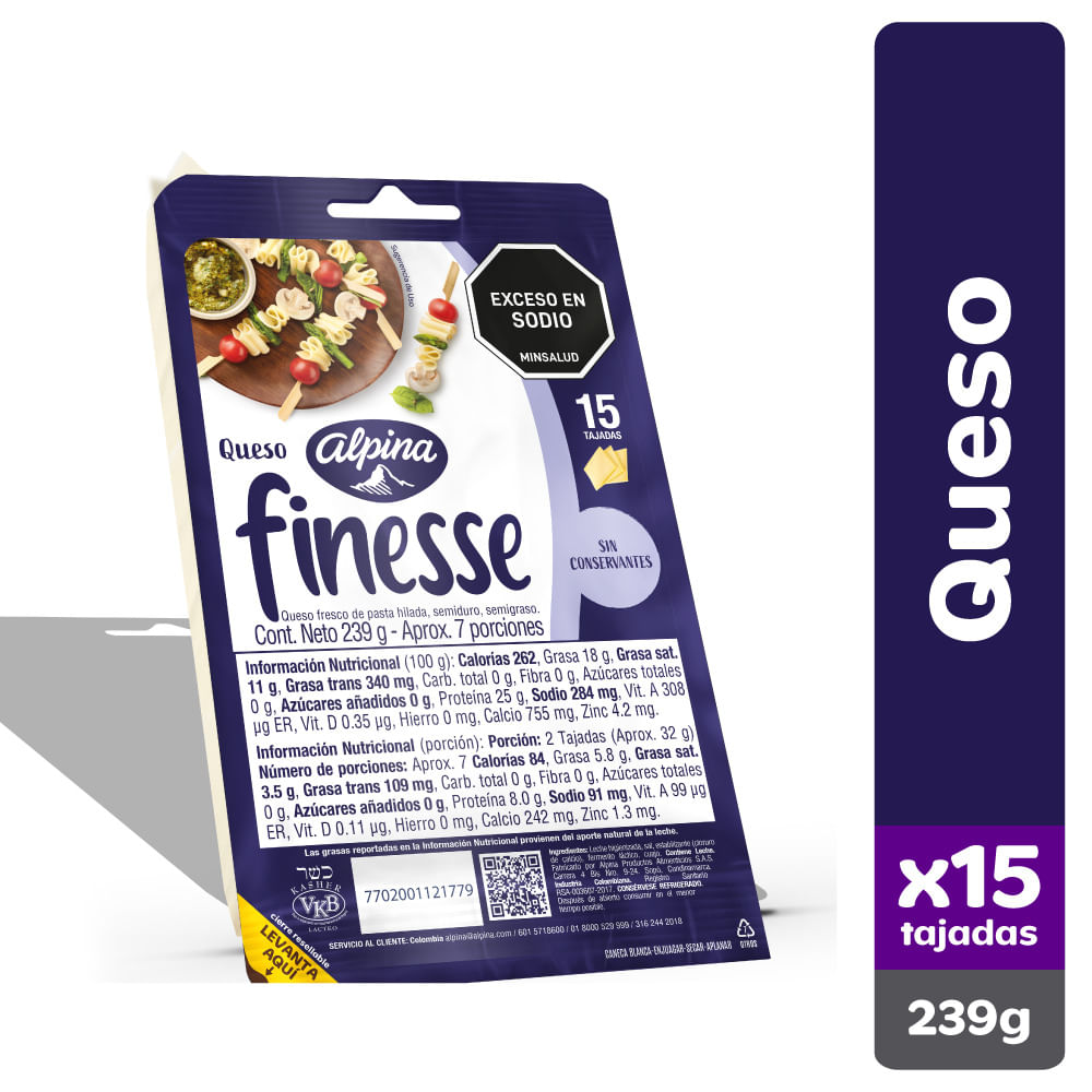 Queso Mozarella Finesse 15 Tajadas 239g