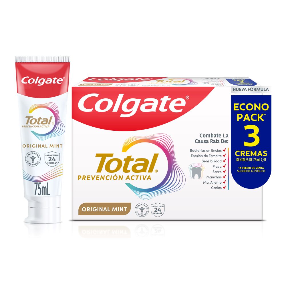 Crema Dental Colgate Total Original Mint Prevención Activa 3x 75 ml