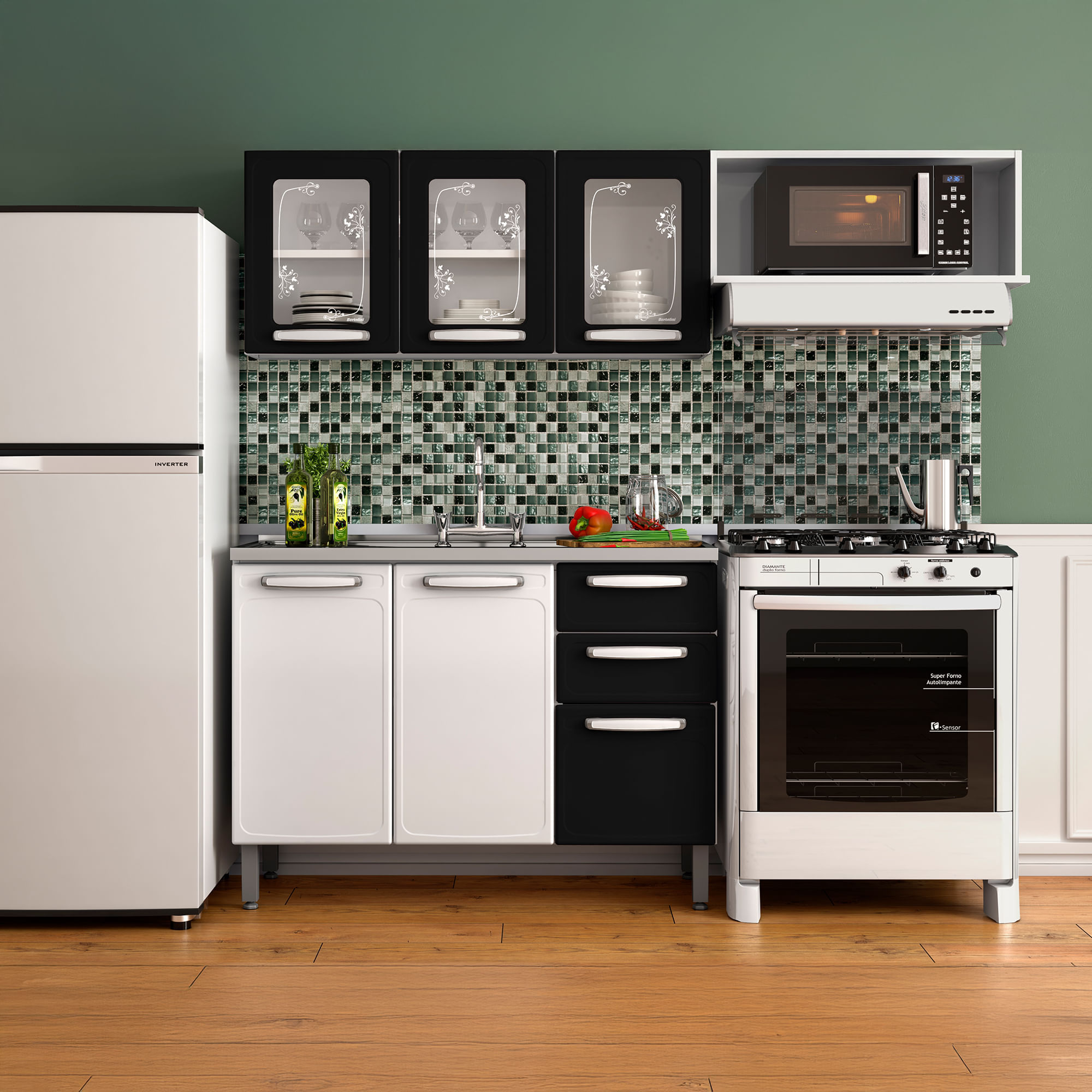 Cocina Integral Bertolini en Acero 1.80m Incluye Lavaplatos Negro y Blanco