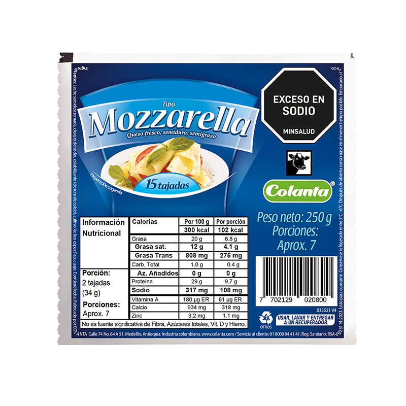 Queso mozzarella Colanta tajado x250g