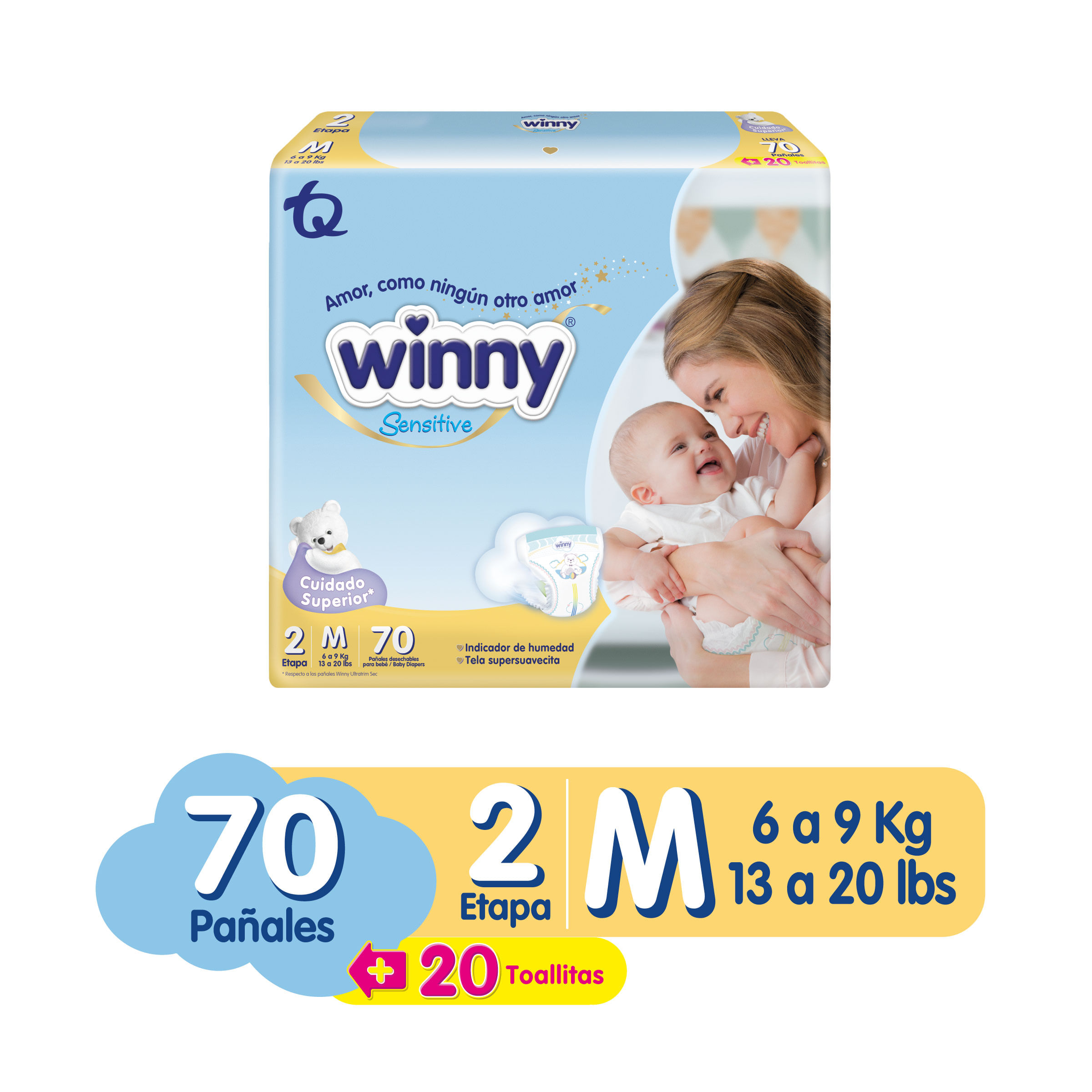 Pañales Winny Sensitive Etapa 2 70 Unidades + 20 Toallitas