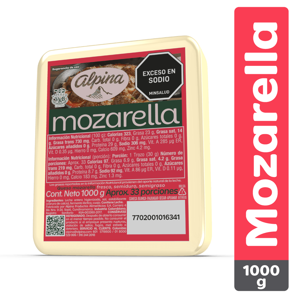 Queso mozarella Alpina bloque x1000g