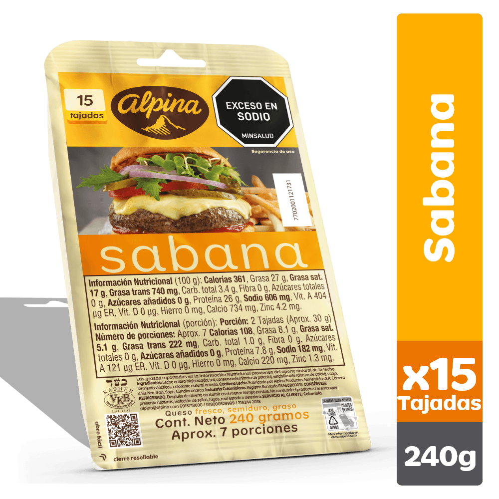 Queso sabana Alpina 15 tajadas x240g
