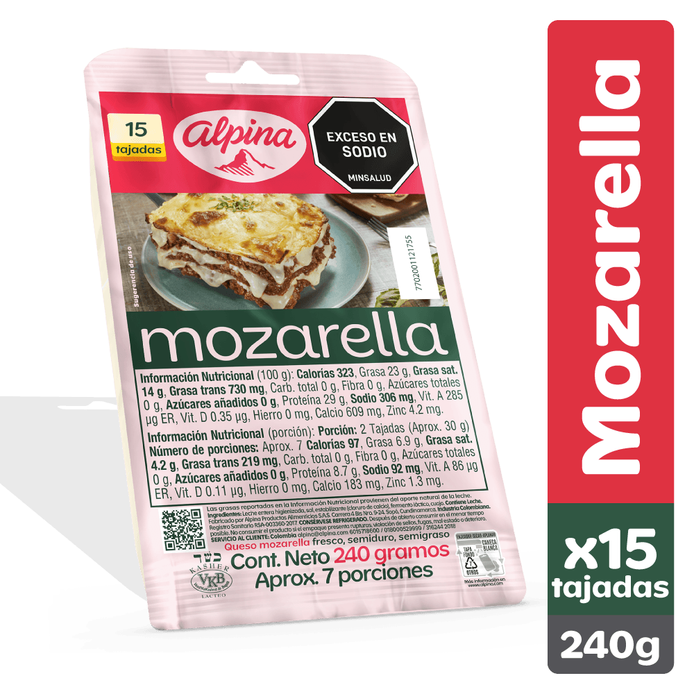 Queso mozarella Alpina 15 tajadas x240g