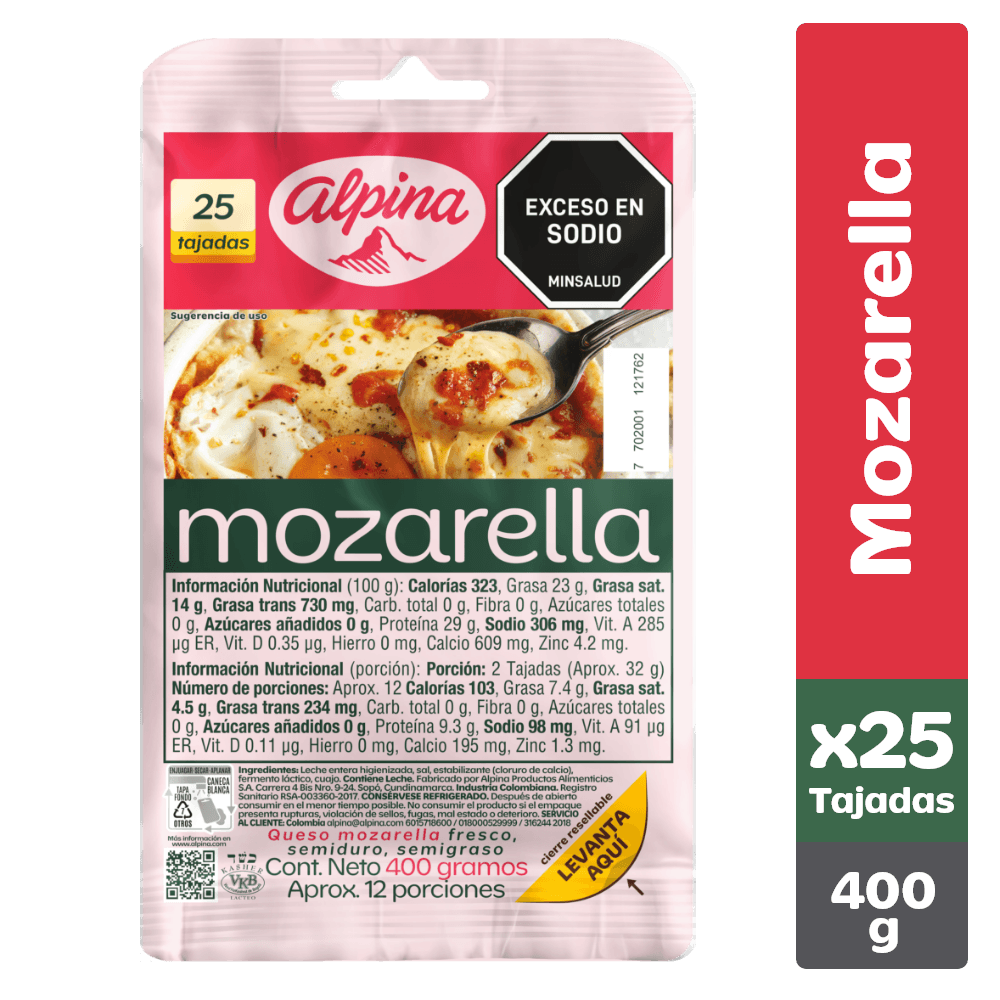 Queso mozarella Alpina 25 tajadas x400g