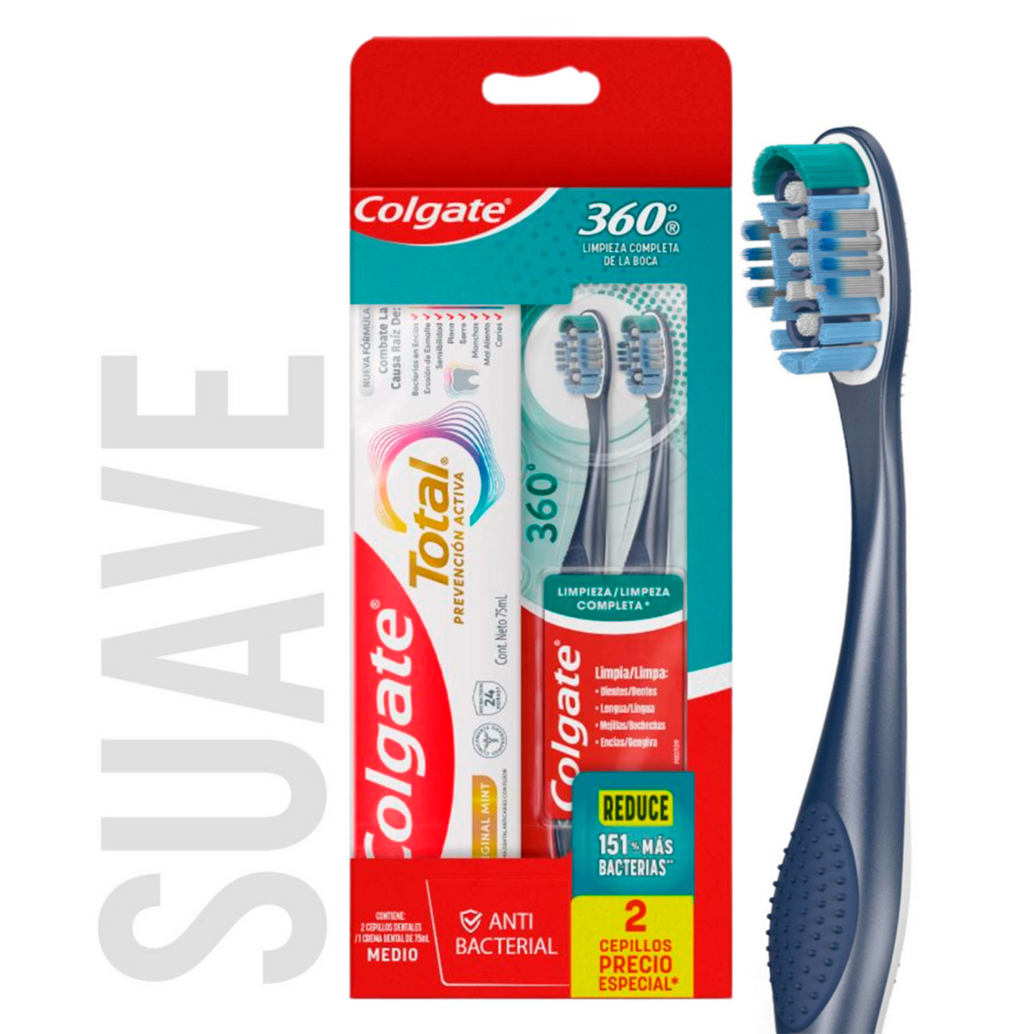 Pack Cepillo de Dientes  Colgate 360 x2 + Crema Dental Colgate Total Original mint 75 ml
