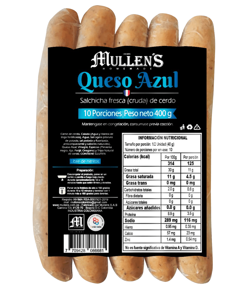 Salchicha Mullen's queso azul x6und x450g