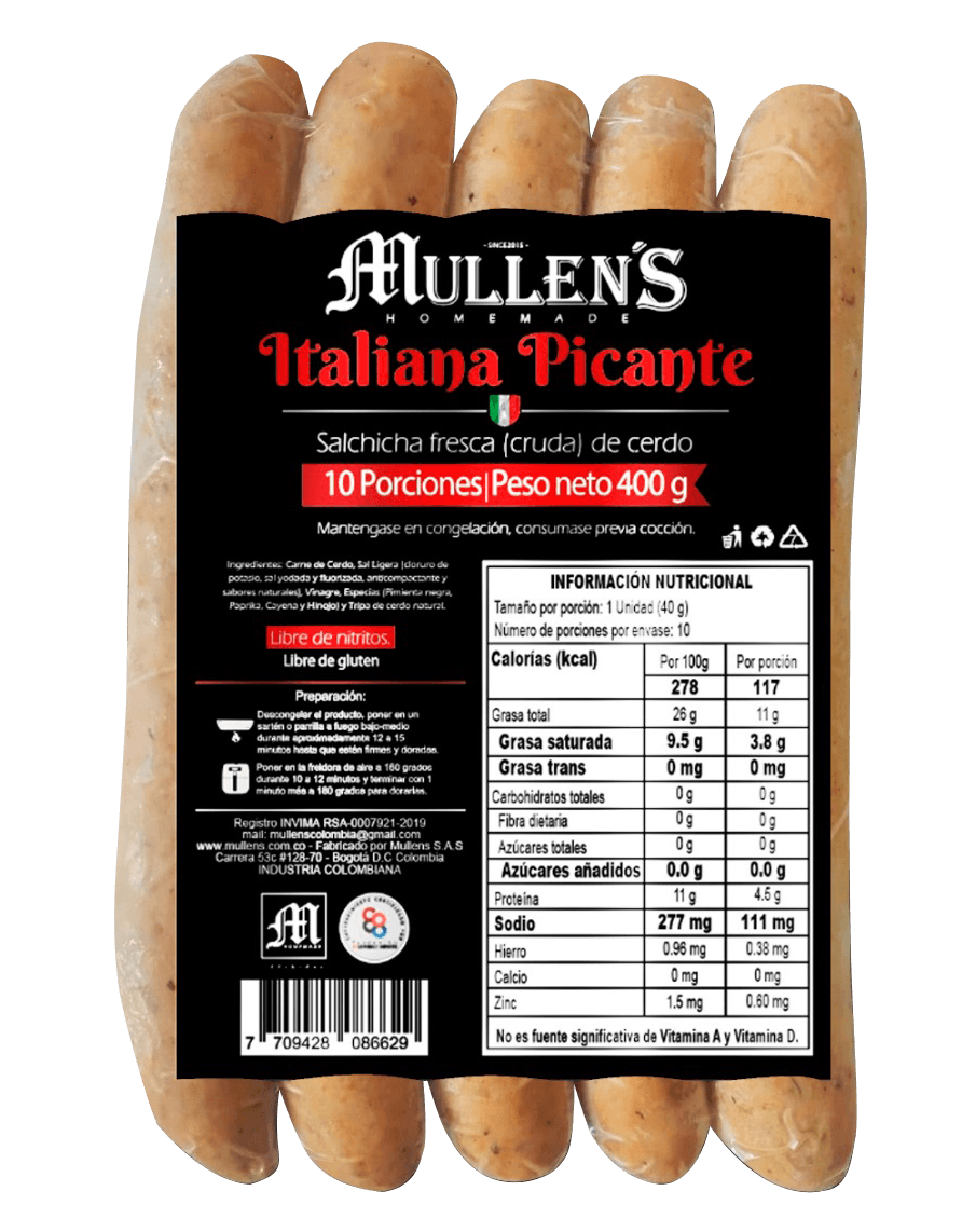 Salchicha Mullen's italiana picante x6und x450g