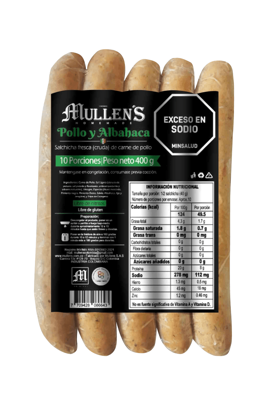Salchicha Mullen's pollo y albahaca x6und x450g
