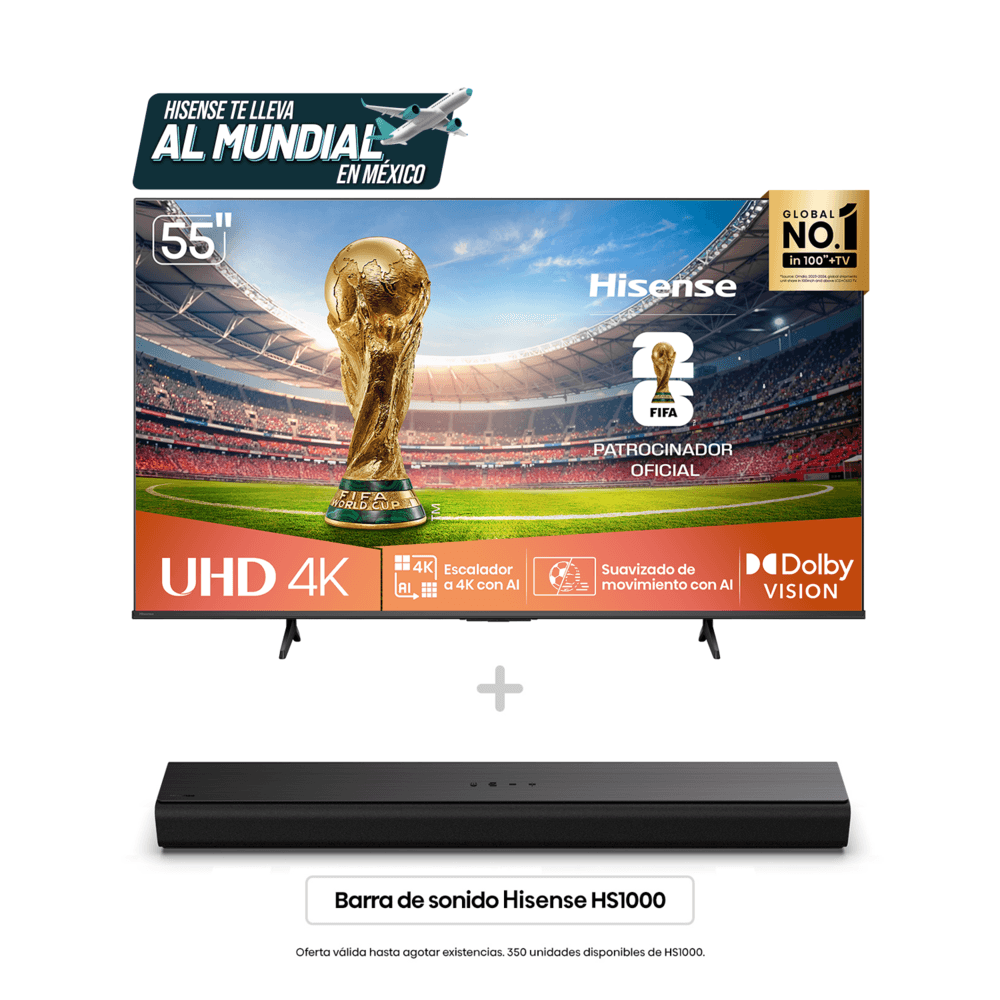 Televisor Hisense 55" UHD 4K Smart Tv Negro 55A6NV + Barra de Sonido HS1000