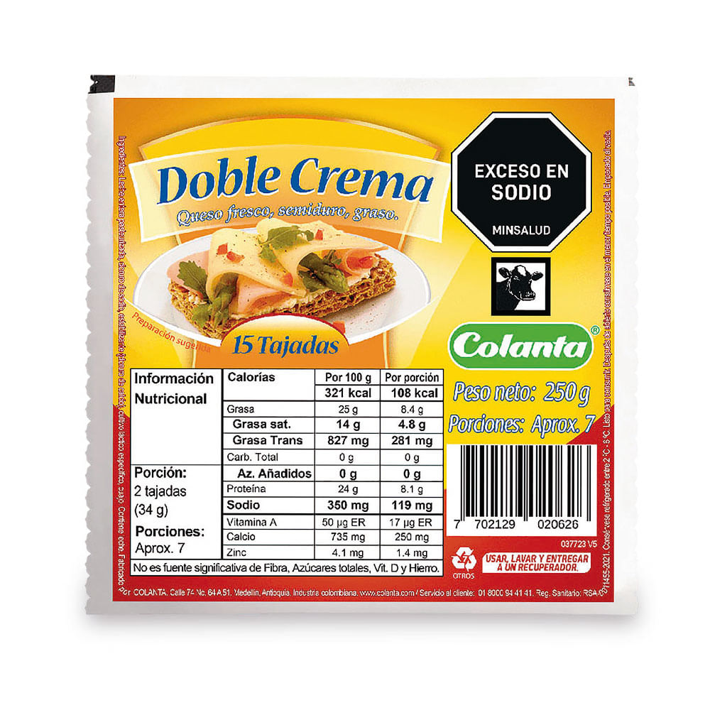 Queso doble crema Colanta tajado x250g