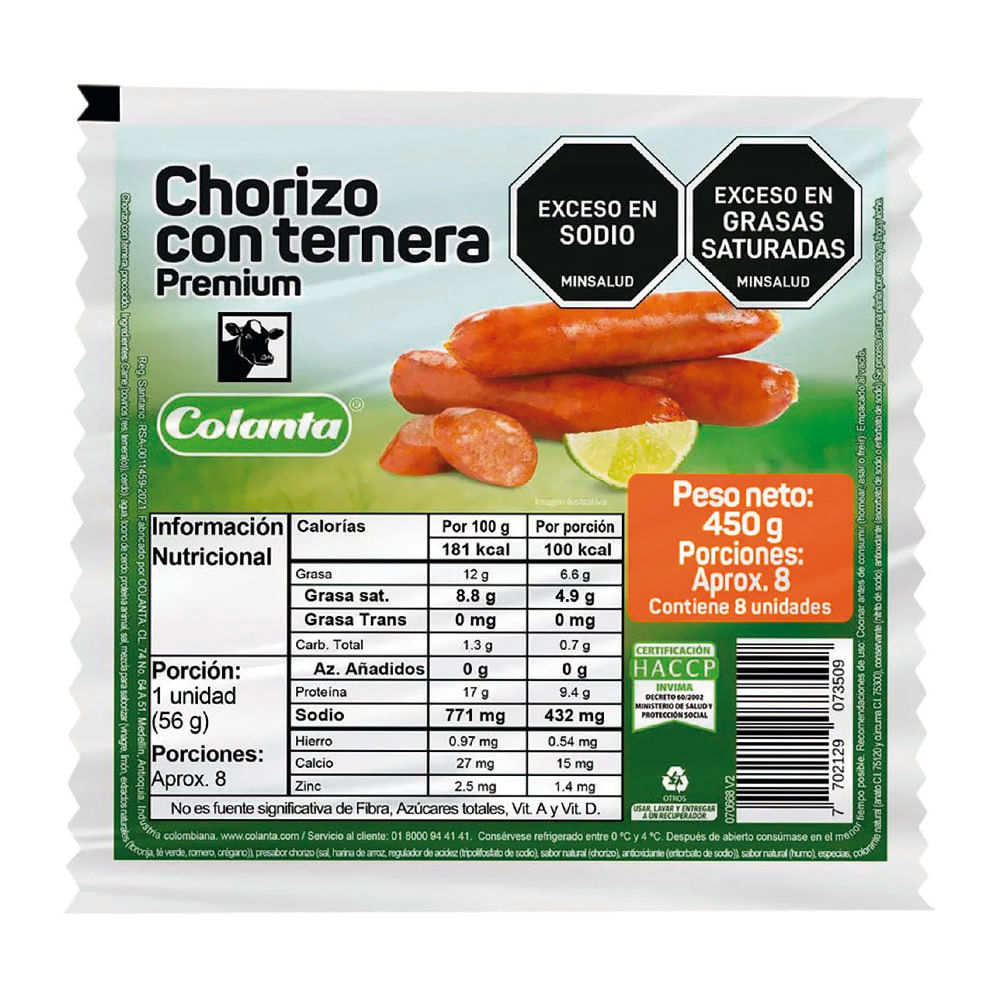 Chorizo con ternera Colanta x8und x450g