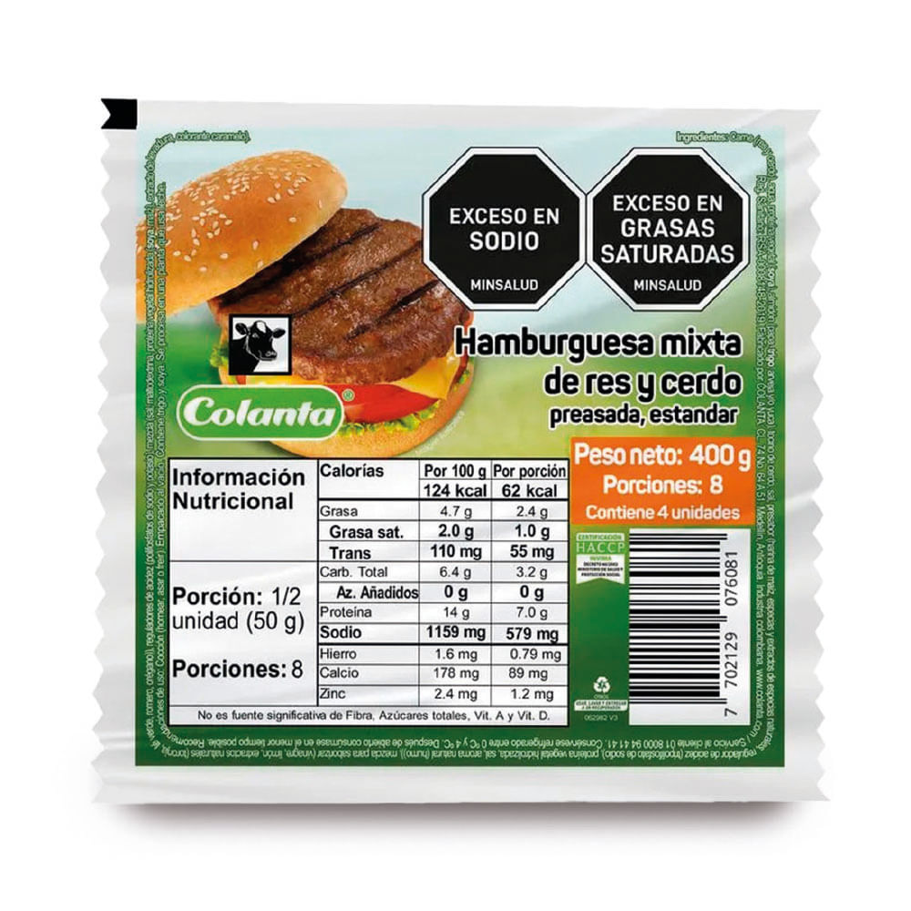 Hamburguesa res Colanta preasada x4und x400g